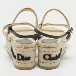 Dior Beige/Black Canvas and Leather Platform Wedge Sandals Size 38