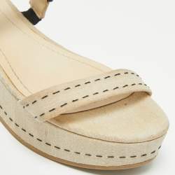 Dior Beige/Black Canvas and Leather Platform Wedge Sandals Size 38