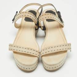 Dior Beige/Black Canvas and Leather Platform Wedge Sandals Size 38