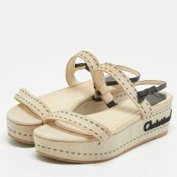 Dior Beige/Black Canvas and Leather Platform Wedge Sandals Size 38