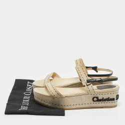 Dior Beige/Black Canvas and Leather Platform Wedge Sandals Size 38
