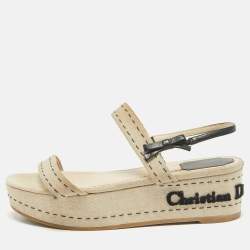 Dior Beige/Black Canvas and Leather Platform Wedge Sandals Size 38