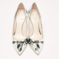 مملوكة مسبقًا Dior Silver Floral Printed Leather Cherie Pumps Size 37.5