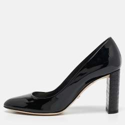 Pre Owned Dior Black Patent Leather Cannage Block Heel Pumps Size 37.5