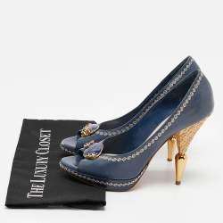 Dior Navy Blue Leather Peep Toe Raffia Heel Pumps Size 38.5