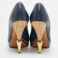 Dior Navy Blue Leather Peep Toe Raffia Heel Pumps Size 38.5