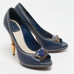 Dior Navy Blue Leather Peep Toe Raffia Heel Pumps Size 38.5