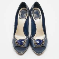 Dior Navy Blue Leather Peep Toe Raffia Heel Pumps Size 38.5