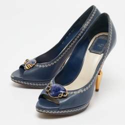 Dior Navy Blue Leather Peep Toe Raffia Heel Pumps Size 38.5
