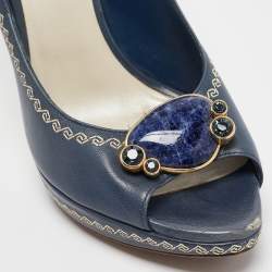 Dior Navy Blue Leather Peep Toe Raffia Heel Pumps Size 38.5