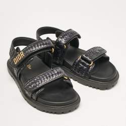 Dior Black Leather and Woven Raffia DiorAct Slingback Sandals Size 38.5