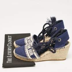 Dior Navy Blue Canvas and Knit Fabric Granville Wedge Sandals Size 41