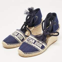 Dior Navy Blue Canvas and Knit Fabric Granville Wedge Sandals Size 41