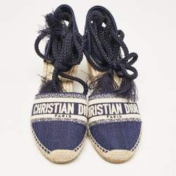 Dior Navy Blue Canvas and Knit Fabric Granville Wedge Sandals Size 41