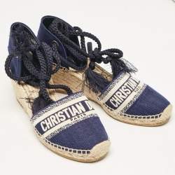 Dior Navy Blue Canvas and Knit Fabric Granville Wedge Sandals Size 41