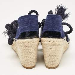 Dior Navy Blue Canvas and Knit Fabric Granville Wedge Sandals Size 41
