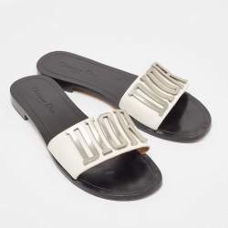 Pre Owned Dior White/Black Leather Diorevolution Slide Flats Size 42