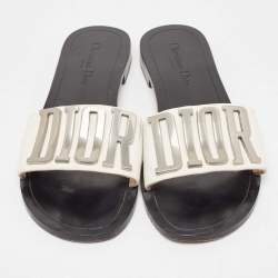 Pre Owned Dior White/Black Leather Diorevolution Slide Flats Size 42