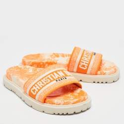 Dior Orange/White Embroidered Canvas Dway Flat Slides Size 37