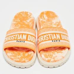 Dior Orange/White Embroidered Canvas Dway Flat Slides Size 37
