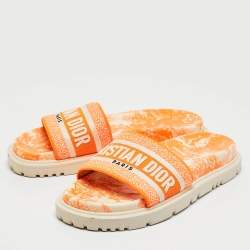 Dior Orange/White Embroidered Canvas Dway Flat Slides Size 37