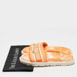 Dior Orange/White Embroidered Canvas Dway Flat Slides Size 37