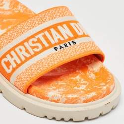 Dior Orange/White Embroidered Canvas Dway Flat Slides Size 37