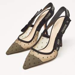 Pre Owned Dior Black/Beige Polka Dot Mesh and Suede J'adior Slingback Pumps Size 36