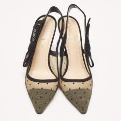 Pre Owned Dior Black/Beige Polka Dot Mesh and Suede J'adior Slingback Pumps Size 36