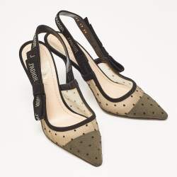 Pre Owned Dior Black/Beige Polka Dot Mesh and Suede J'adior Slingback Pumps Size 36