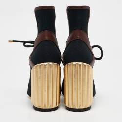 Dior Tricolor Patent Leather and Canvas Lace Up Block Heel Booties Size 38.5