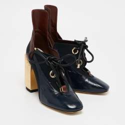 Dior Tricolor Patent Leather and Canvas Lace Up Block Heel Booties Size 38.5