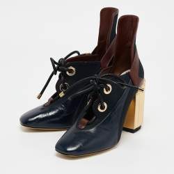 Dior Tricolor Patent Leather and Canvas Lace Up Block Heel Booties Size 38.5