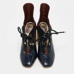 Dior Tricolor Patent Leather and Canvas Lace Up Block Heel Booties Size 38.5