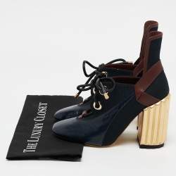 Dior Tricolor Patent Leather and Canvas Lace Up Block Heel Booties Size 38.5