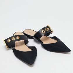 Dior Black Canvas and Leather D-Dior Flat Mules Size 38.5