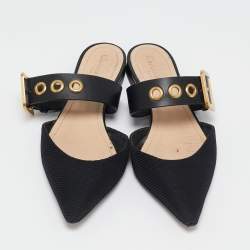 Dior Black Canvas and Leather D-Dior Flat Mules Size 38.5