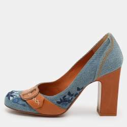 Dior Blue/Tan Denim And Leather CD Logo Pumps Size 36