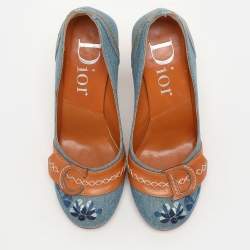 Dior Blue/Tan Denim And Leather CD Logo Pumps Size 36