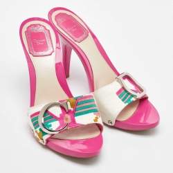 Dior Multicolor Printed Canvas Logo Embellished Slide Sandals Size 38