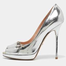 Dior Silver Leather Platform Peep Toe Pumps Size 40
