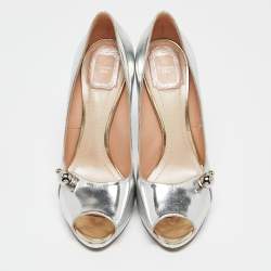Dior Silver Leather Platform Peep Toe Pumps Size 40