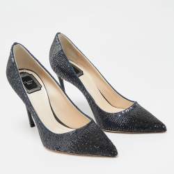 Pre Owned Dior Metallic Navy Blue Sequin Pointed Toe Pumps Size 39.5