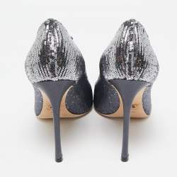 Pre Owned Dior Metallic Navy Blue Sequin Pointed Toe Pumps Size 39.5