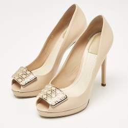 Dior Beige Leather Cannage Plaque Peep Toe Platform Pumps Size 38