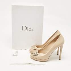 Dior Beige Leather Cannage Plaque Peep Toe Platform Pumps Size 38