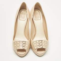 Dior Beige Leather Cannage Plaque Peep Toe Platform Pumps Size 38