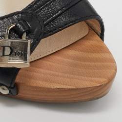 Dior Black Leather Lock Wooden Clog Slide Sandals Size 36