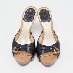 Dior Black Leather Lock Wooden Clog Slide Sandals Size 36