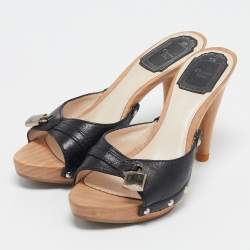 Dior Black Leather Lock Wooden Clog Slide Sandals Size 36